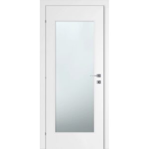 Porta interna bianca con inserto in vetro e maniglia argentata.