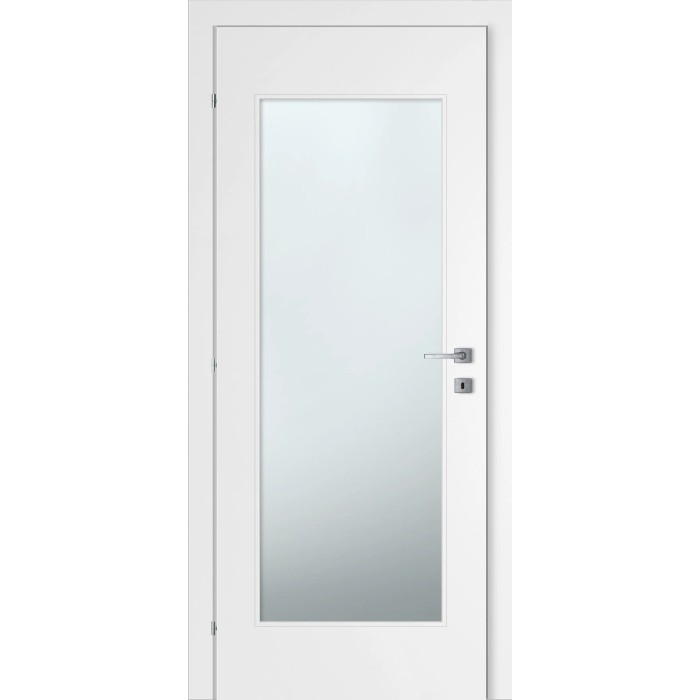 Porta interna bianca con inserto in vetro e maniglia argentata.