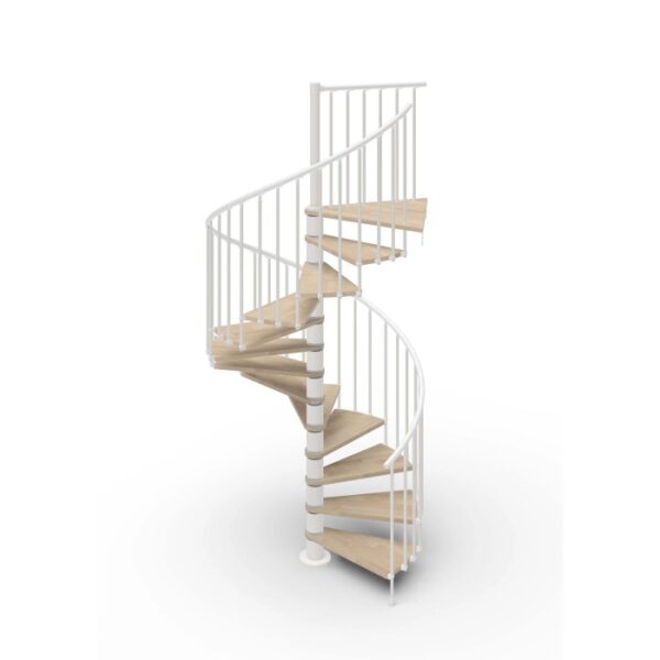 Scala a chiocciola bianca t.b.t. per interni con gradini in legno.