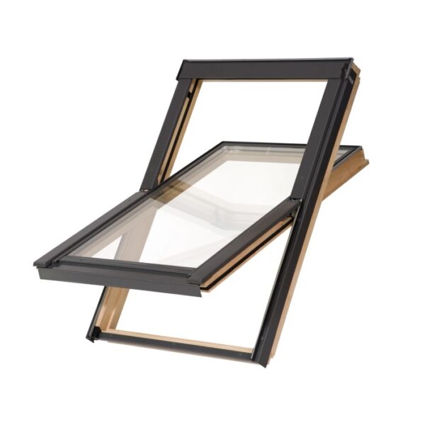 Finestra a bilico in legno aperta, 78x118 cm, per tetto inclinato 15-90 gradi.