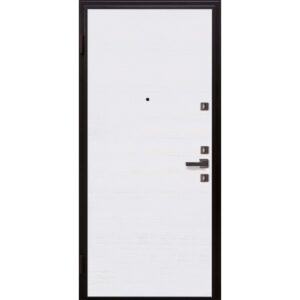 Porta blindata t.b.t. bianca con telaio e maniglia scuri.