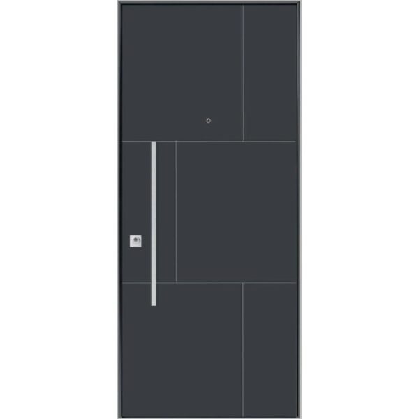 Porta blindata moderna grigia (t.b.t.) con dettagli argentati.
