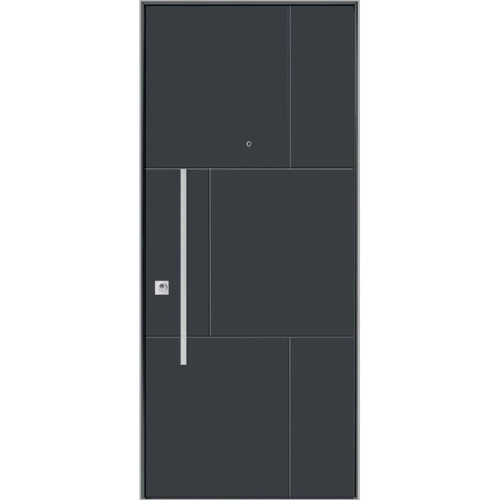 Porta blindata moderna grigia (t.b.t.) con dettagli argentati.