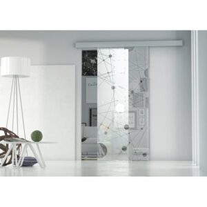 Porta scorrevole in vetro t.b.t. con design moderno a punti e linee per una divisione elegante degli spazi.
