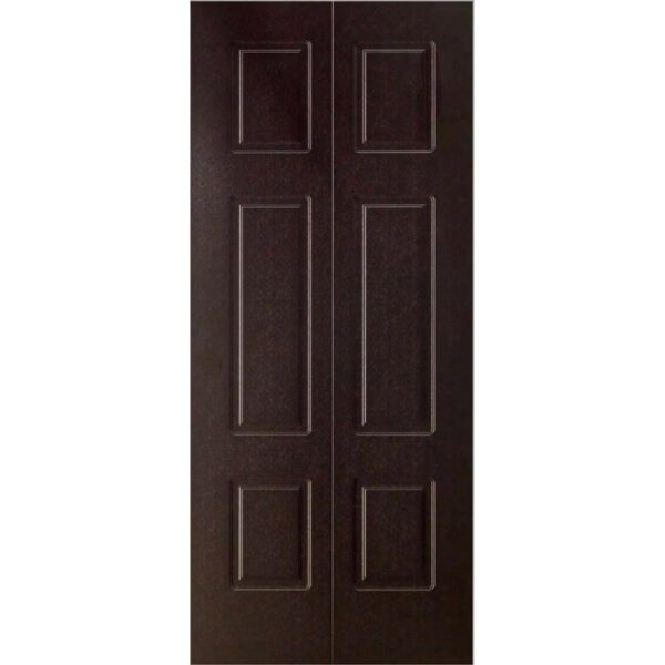 Porta marrone con elementi decorativi rettangolari. Accessori per porte.