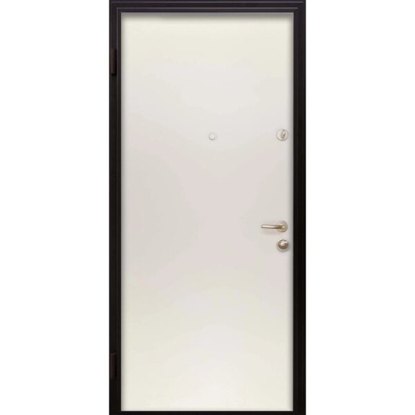 Porta blindata bianca con telaio nero e maniglia argentata.