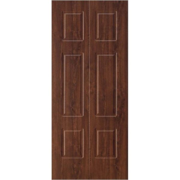 Porta in legno marrone con design a pannelli, accessori per porte.