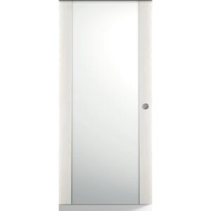 Porta interna bianca con inserto in vetro e maniglia argentata.