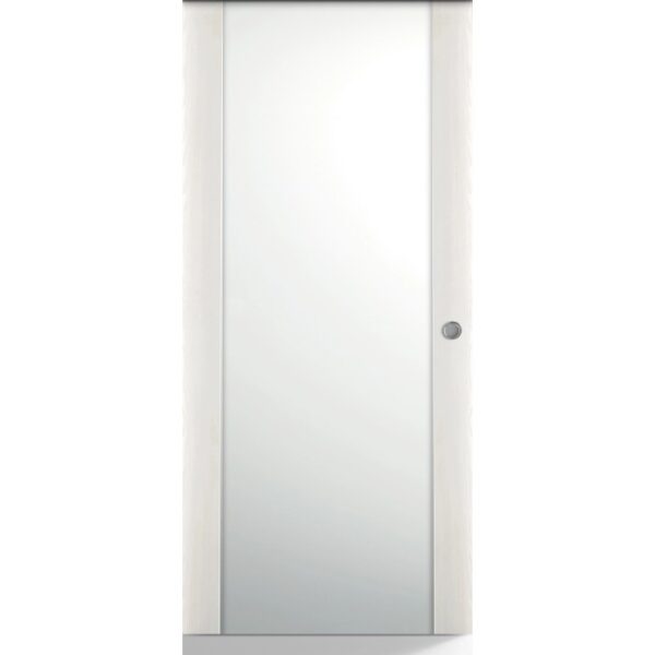 Porta interna bianca con inserto in vetro e maniglia argentata.