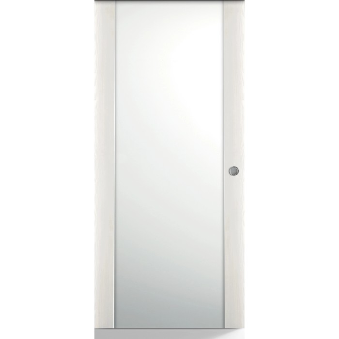 Porta interna bianca con inserto in vetro e maniglia argentata.