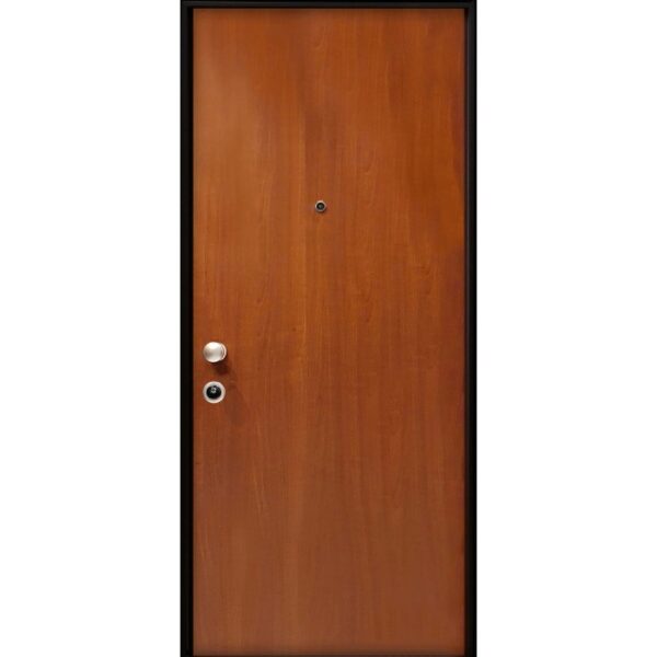 Porta blindata t.b.t. marrone con telaio nero e spioncino.