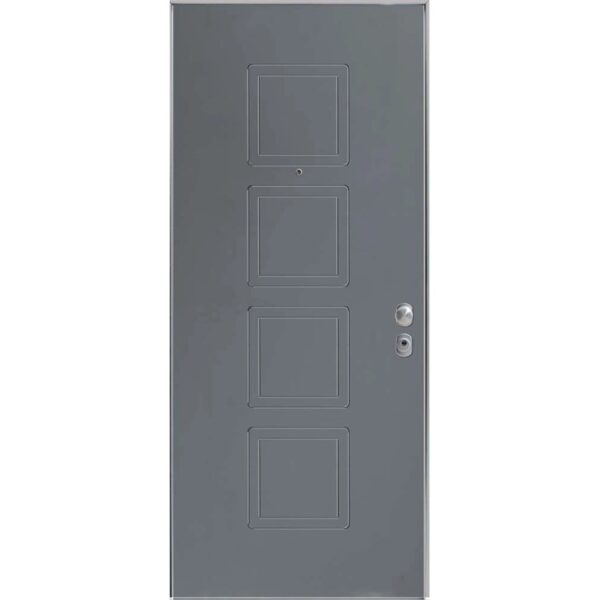 Porta blindata grigia con quattro pannelli quadrati e spioncino.