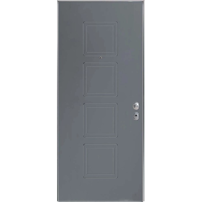Porta blindata grigia con quattro pannelli quadrati e spioncino.