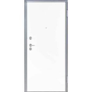 Porta blindata bianca con telaio e maniglia argentati.