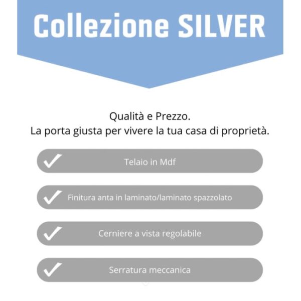 Infografica porta per interno t.b.t.: telaio in MDF, finitura laminata, cerniere regolabili, serratura meccanica.