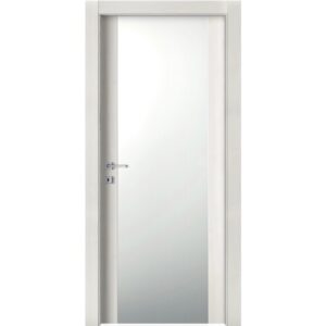 Porta interna bianca con inserto in vetro e maniglia argentata.