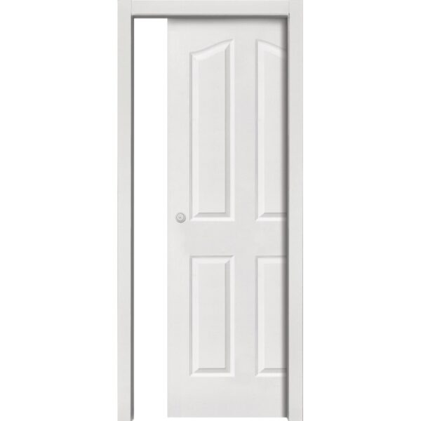 Porta interna bianca con quattro pannelli e telaio. Porta per interni.