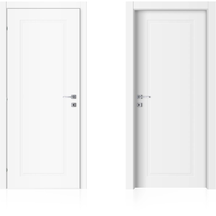 Due porte interne bianche t.b.t. con design semplice e maniglie argentate.