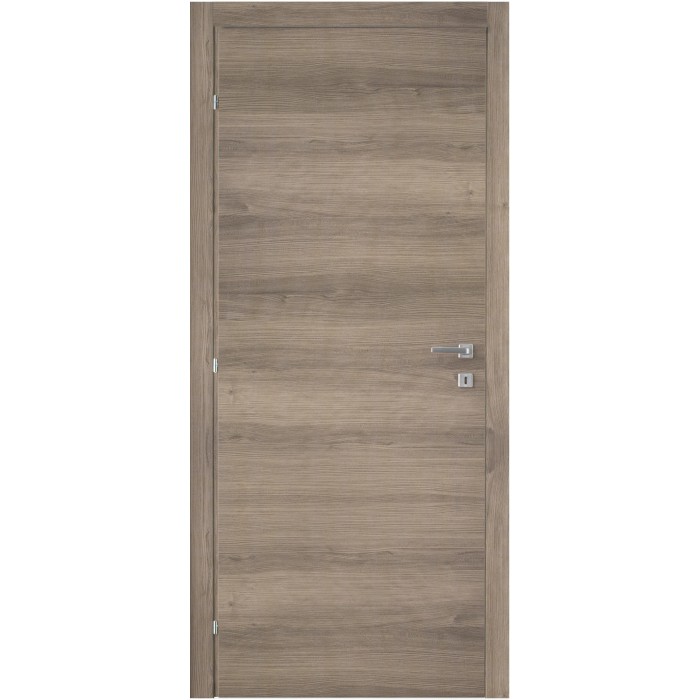 Porta interna moderna con effetto legno e maniglia argentata.