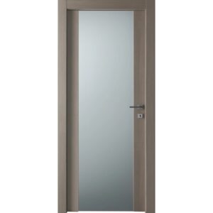 Porta interna moderna con telaio in legno e vetro satinato.