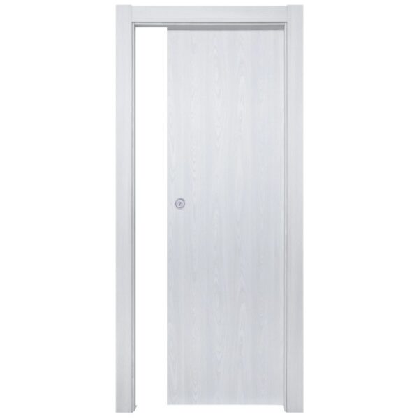 Porta interna bianca con telaio, effetto legno, anta con serratura.