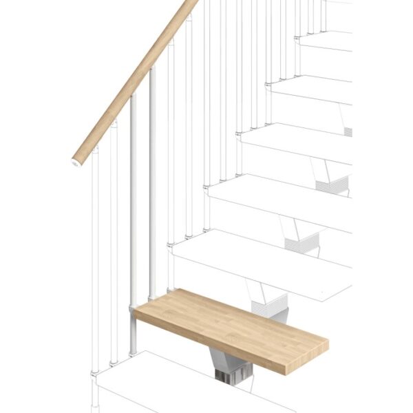 Dettaglio di scale con corrimano in legno e balaustre bianche. Accessori per scale e ringhiere.