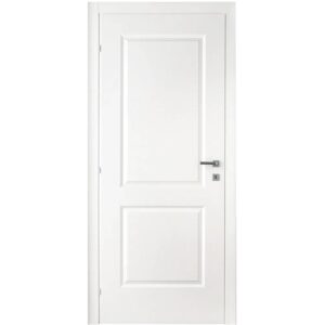 Porta interna bianca con due pannelli e maniglia argentata.
