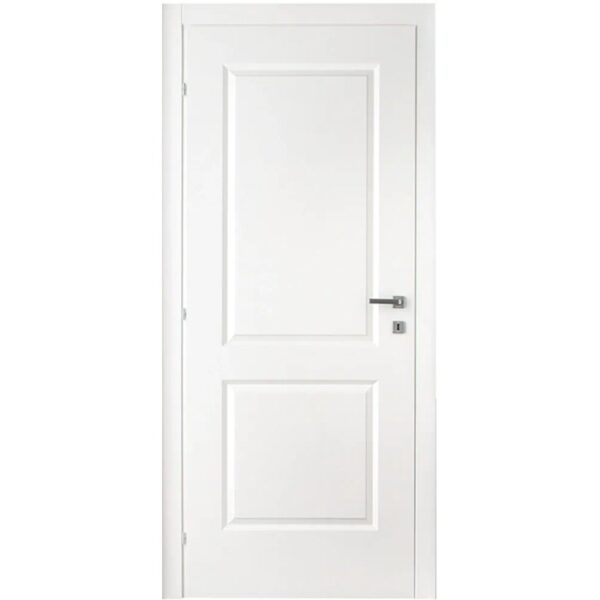 Porta interna bianca con due pannelli e maniglia argentata.