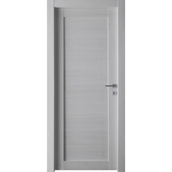 Porta interna bianca con design semplice e maniglia argentata.