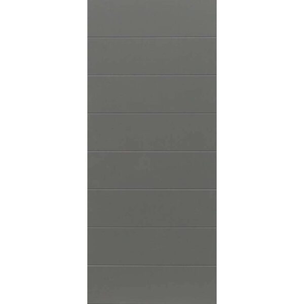 Porta grigia con pannelli orizzontali. Accessori per porte.