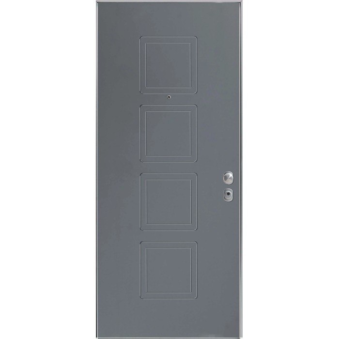 Porta blindata t.b.t. grigia con quattro pannelli quadrati.