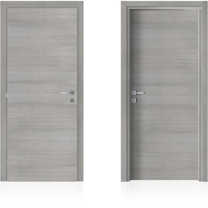 Due porte interne grigie con venature orizzontali e maniglie argentate.