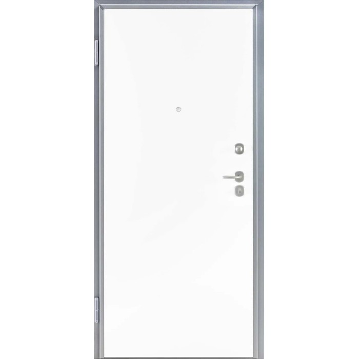 Porta blindata t.b.t. bianca con telaio e ferramenta argentati.