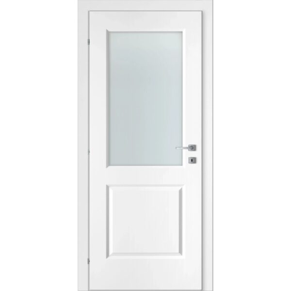 Porta interna bianca con inserto in vetro e maniglia in metallo.
