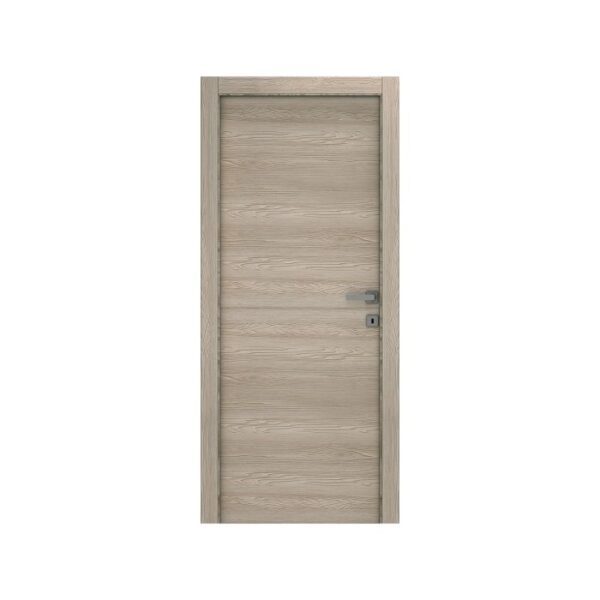 Porta per interni chiara con venature orizzontali e maniglia argentata.