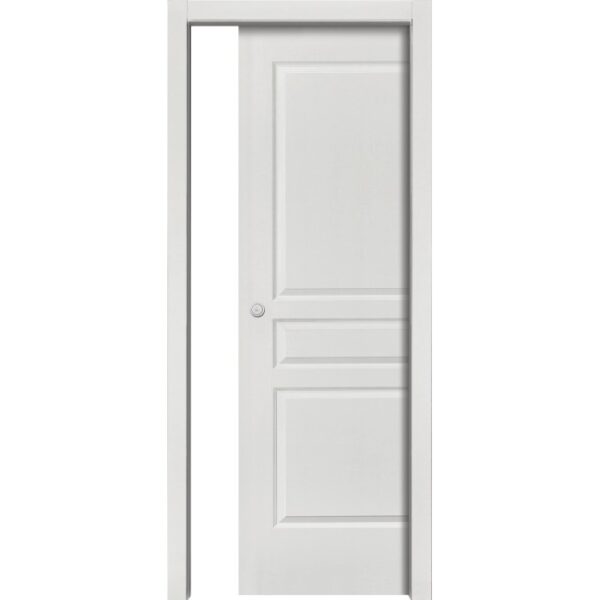 Porta interna bianca con tre pannelli e design semplice.
