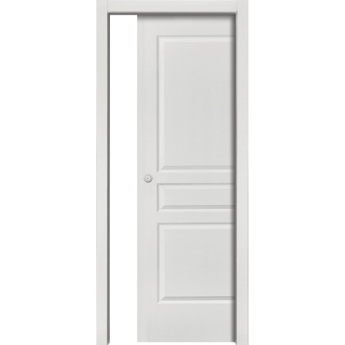 Porta interna bianca con tre pannelli e design semplice.