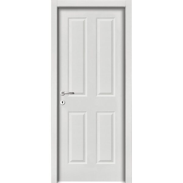Porta interna bianca con quattro pannelli e maniglia argentata.