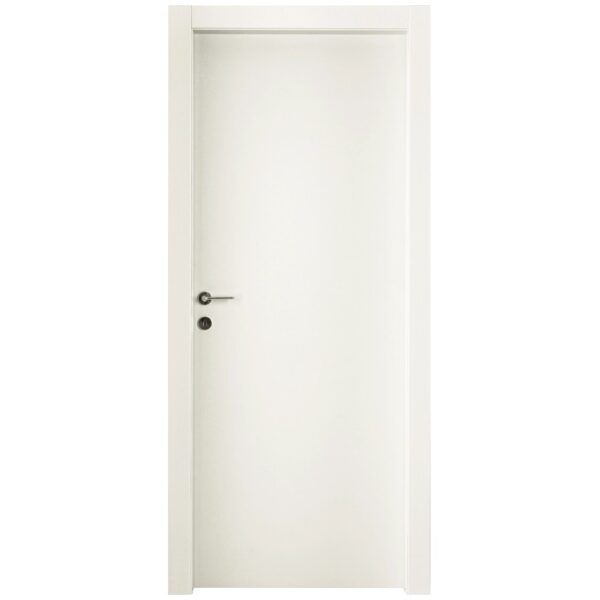 Porta interna bianca con design semplice e maniglia argentata.