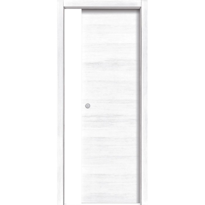 Porta interna bianca t.b.t. con venature orizzontali e pomello argentato.