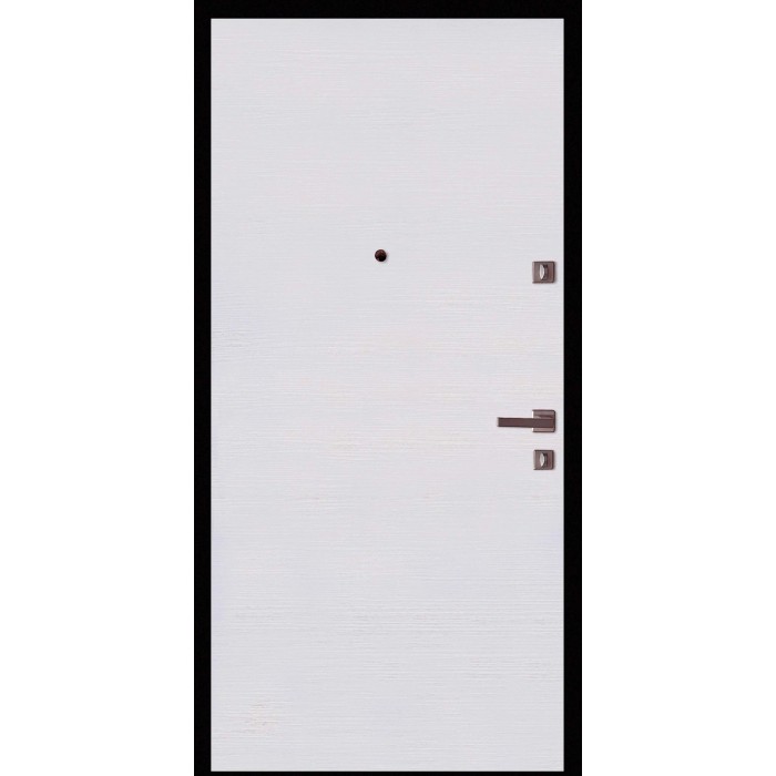 Porta blindata bianca con spioncino e maniglia, vista frontale.