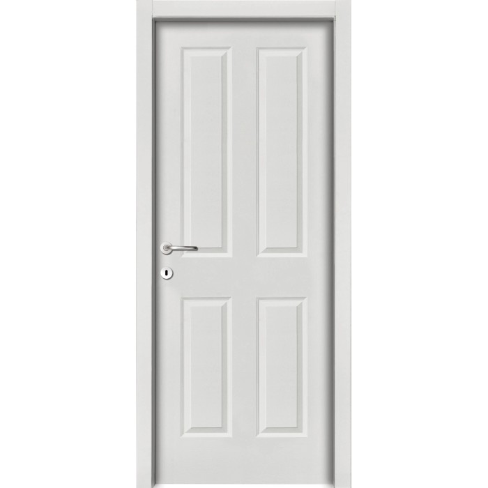 Porta interna bianca con quattro pannelli e maniglia argentata.