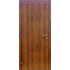Porta interna marrone con maniglia color oro. Anta con venature del legno.