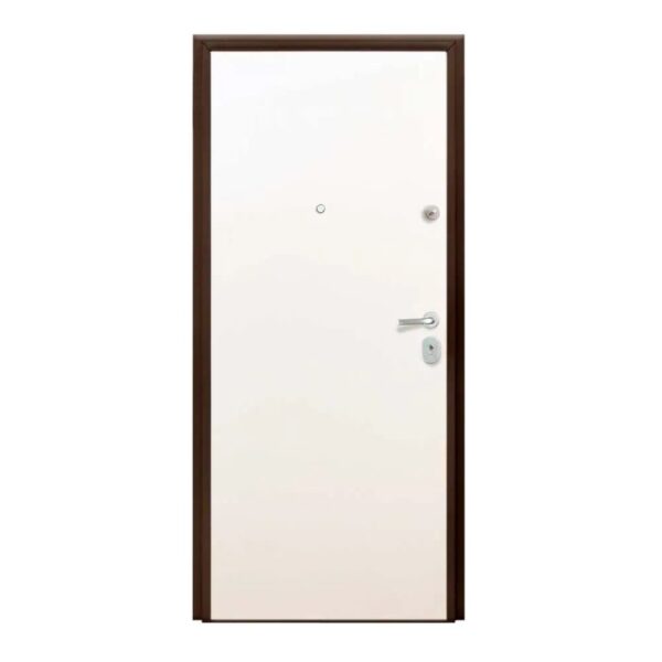 Porta blindata bianca con telaio marrone, spioncino e maniglia.