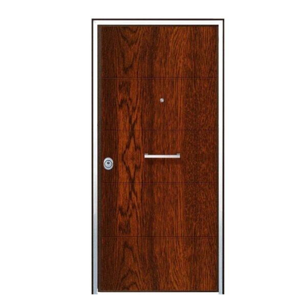 Porta blindata t.b.t. marrone con telaio e maniglia argentati. Porta robusta per l'ingresso di casa.