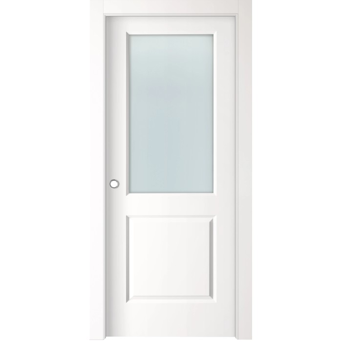 Porta interna bianca con inserto in vetro rettangolare nella parte superiore.