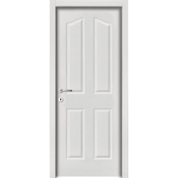 Porta interna bianca con quattro pannelli e maniglia argentata.