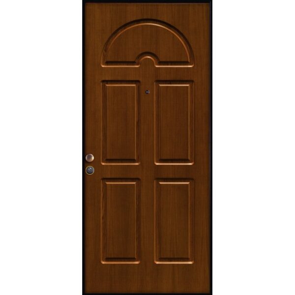 Porta blindata t.b.t. marrone con venature del legno ed elementi decorativi.