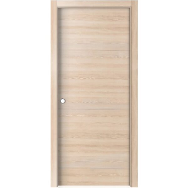 Porta interna chiara con venature del legno e maniglia argentata.
