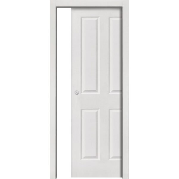 Porta interna bianca con quattro pannelli e telaio. Porta per interni.